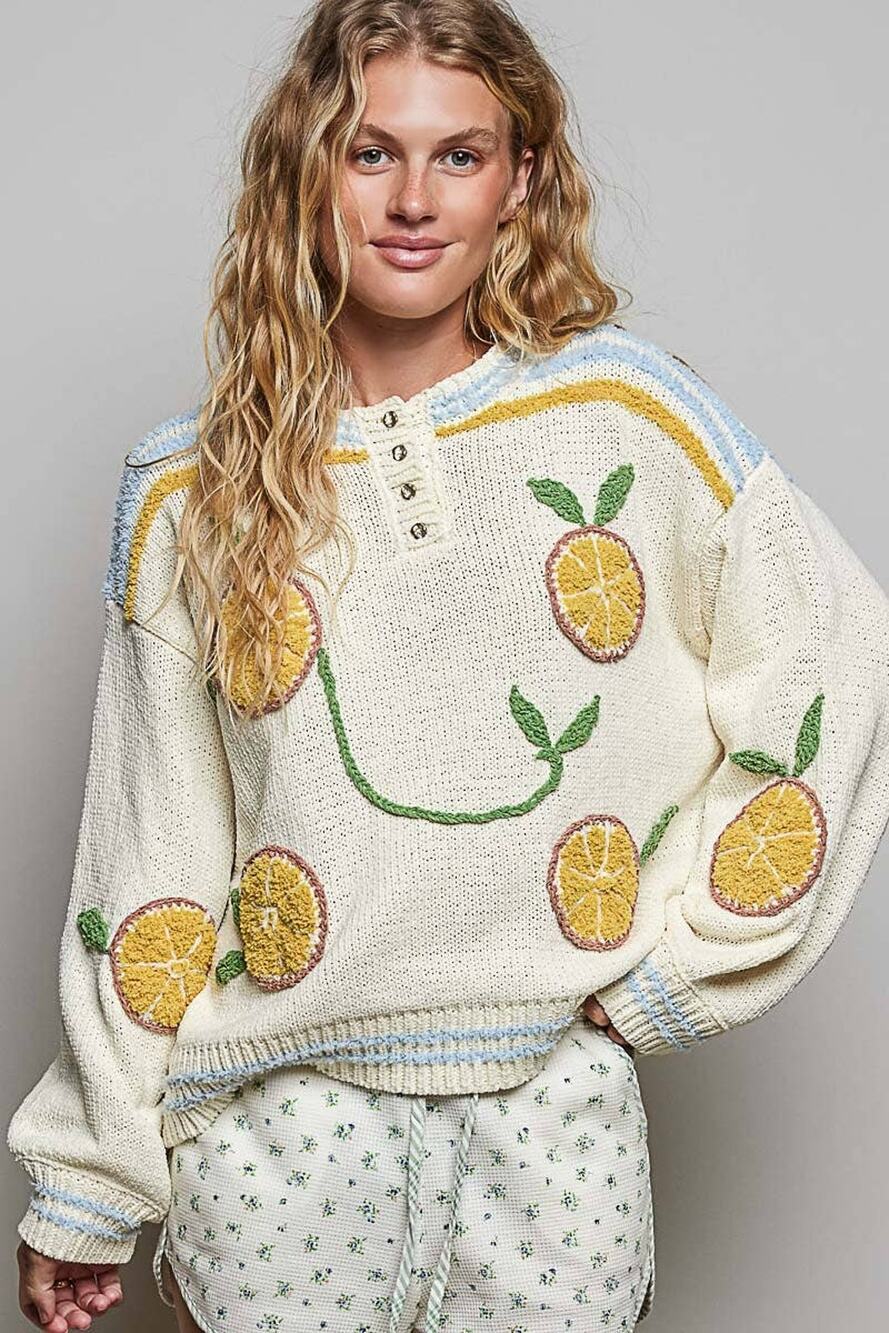 Pol Clothing 3D Embroidery Long Sleeve Cozy Pullover Berber Lemon Sweater